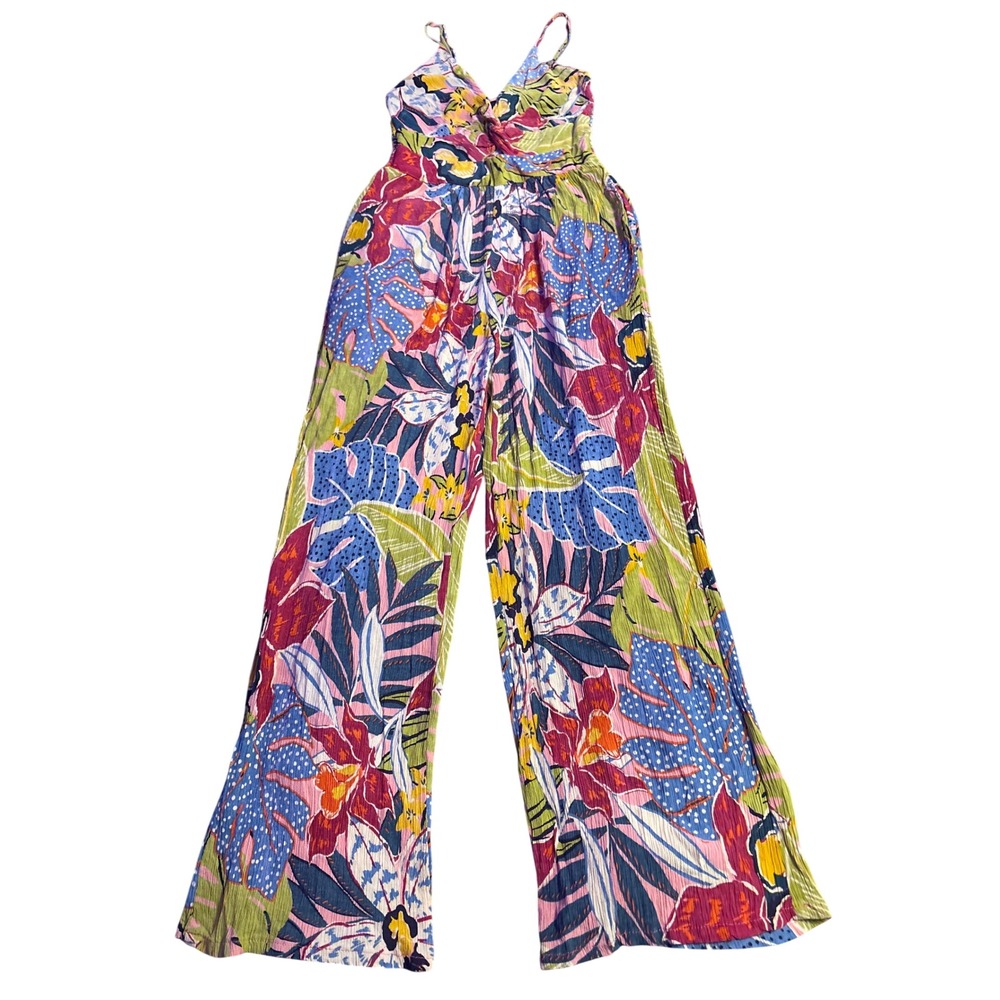 Angie Tropical Floral Wide Leg Jumpsuit Front Cutout Pockets Boho Size M
